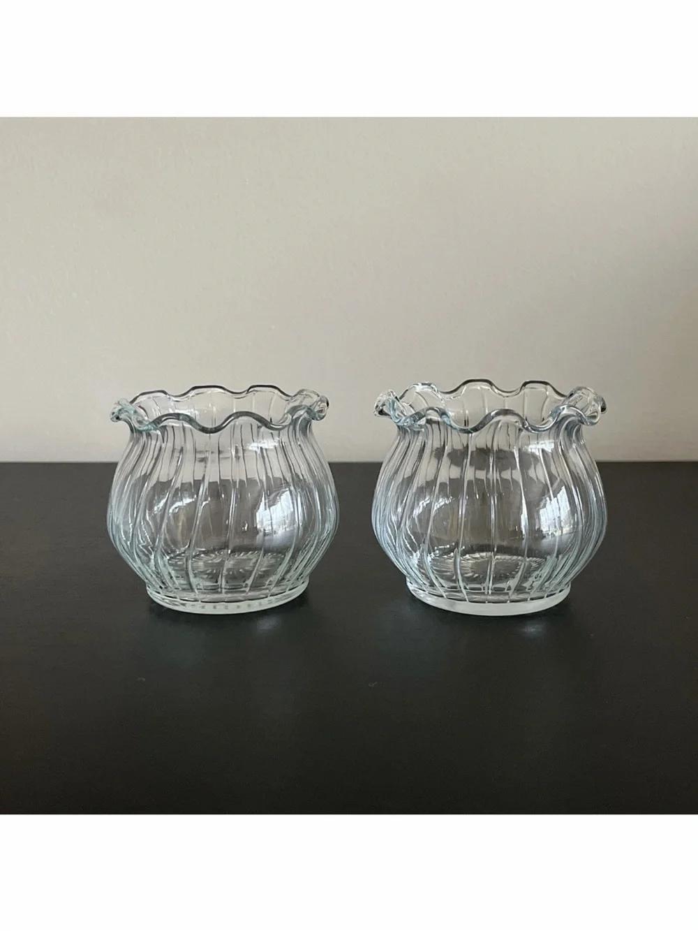 Vintage Glass Candle Holders Vases Tea Lights Red Votives Ribbed Ruffled MCM 2pc